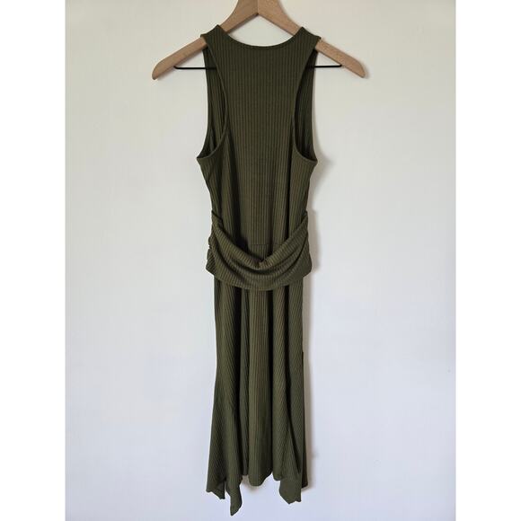 Anthropologie Olive Green Ribbed Knit Midi Dress Sz S Asym Hem Boho Chic - Picture 3 of 5